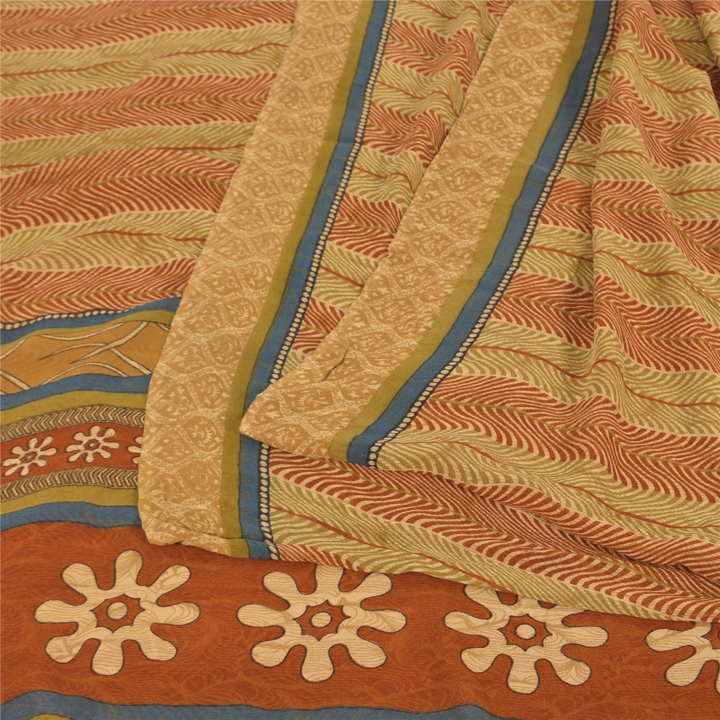 Sanskriti Vintage Sarees Beige/Red Pure Georgette Silk Printed Sari Craft Sustainable Fabric