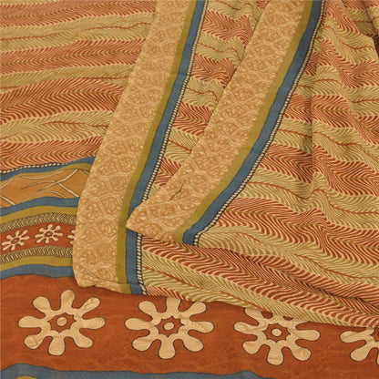 Sanskriti Vintage Sarees Beige/Red Pure Georgette Silk Printed Sari Craft Sustainable Fabric