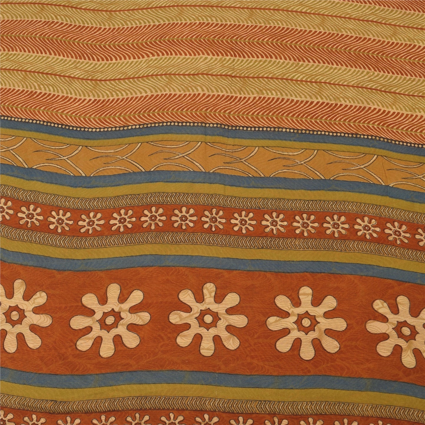 Sanskriti Vintage Sarees Beige/Red Pure Georgette Silk Printed Sari Craft Sustainable Fabric