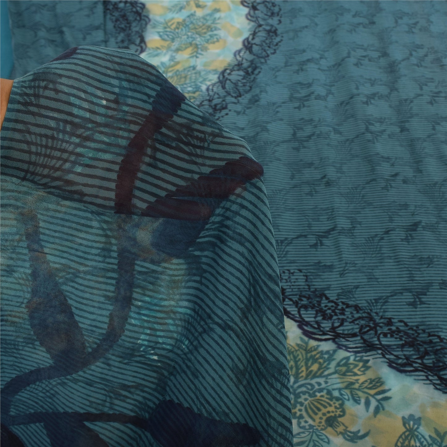 Sanskriti Vintage Sarees Blue Pure Georgette Silk Printed Sari 5yd Craft Sustainable Fabric