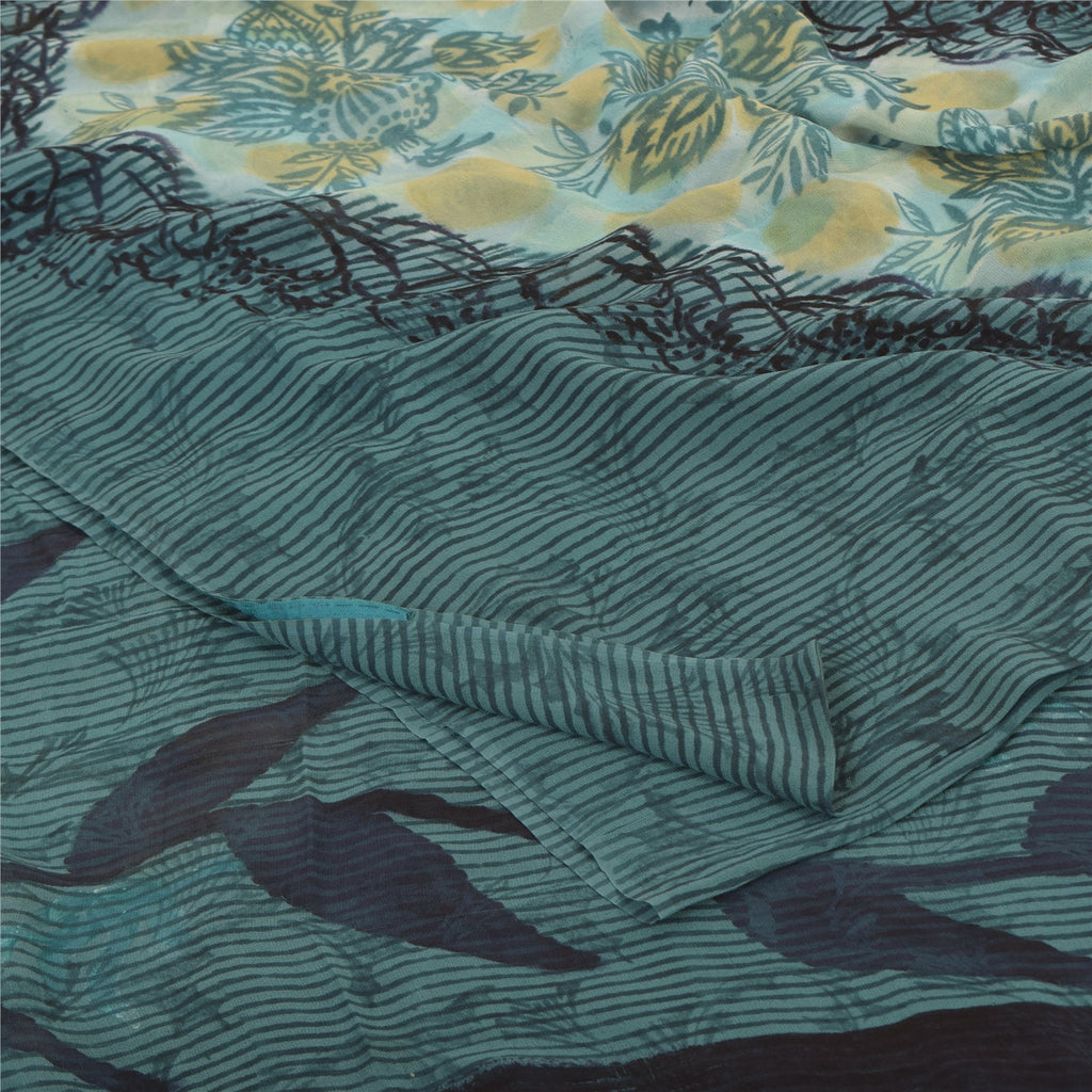 Sanskriti Vintage Sarees Blue Pure Georgette Silk Printed Sari 5yd Craft Sustainable Fabric