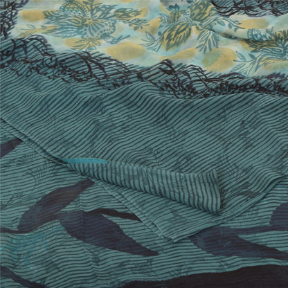 Sanskriti Vintage Sarees Blue Pure Georgette Silk Printed Sari 5yd Craft Sustainable Fabric