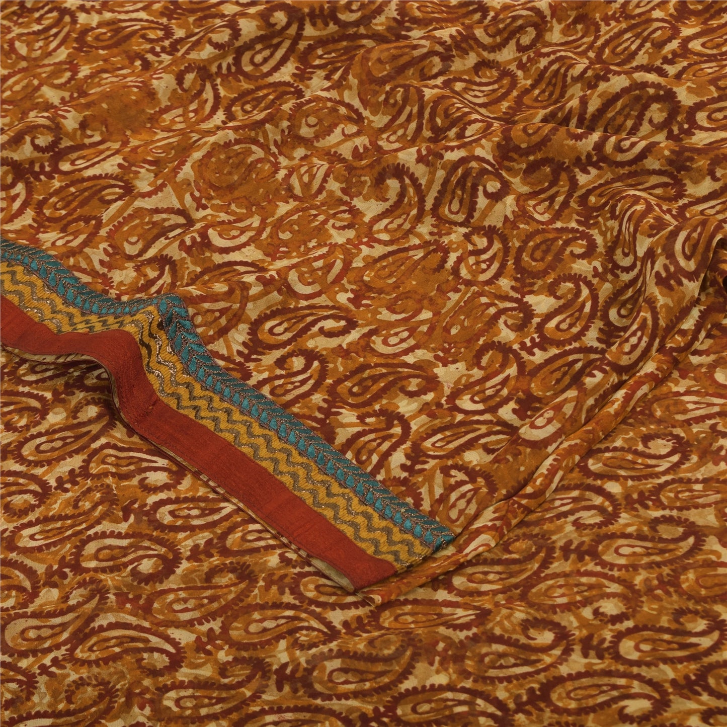 Sanskriti Vintage Sarees Brown Pure Georgette Silk Printed Sari 5yd Craft Sustainable Fabric