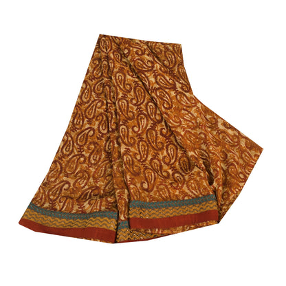 Sanskriti Vintage Sarees Brown Pure Georgette Silk Printed Sari 5yd Craft Sustainable Fabric