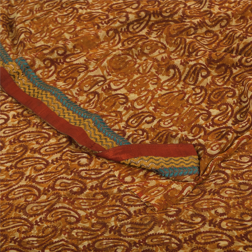 Sanskriti Vintage Sarees Brown Pure Georgette Silk Printed Sari 5yd Craft Sustainable Fabric