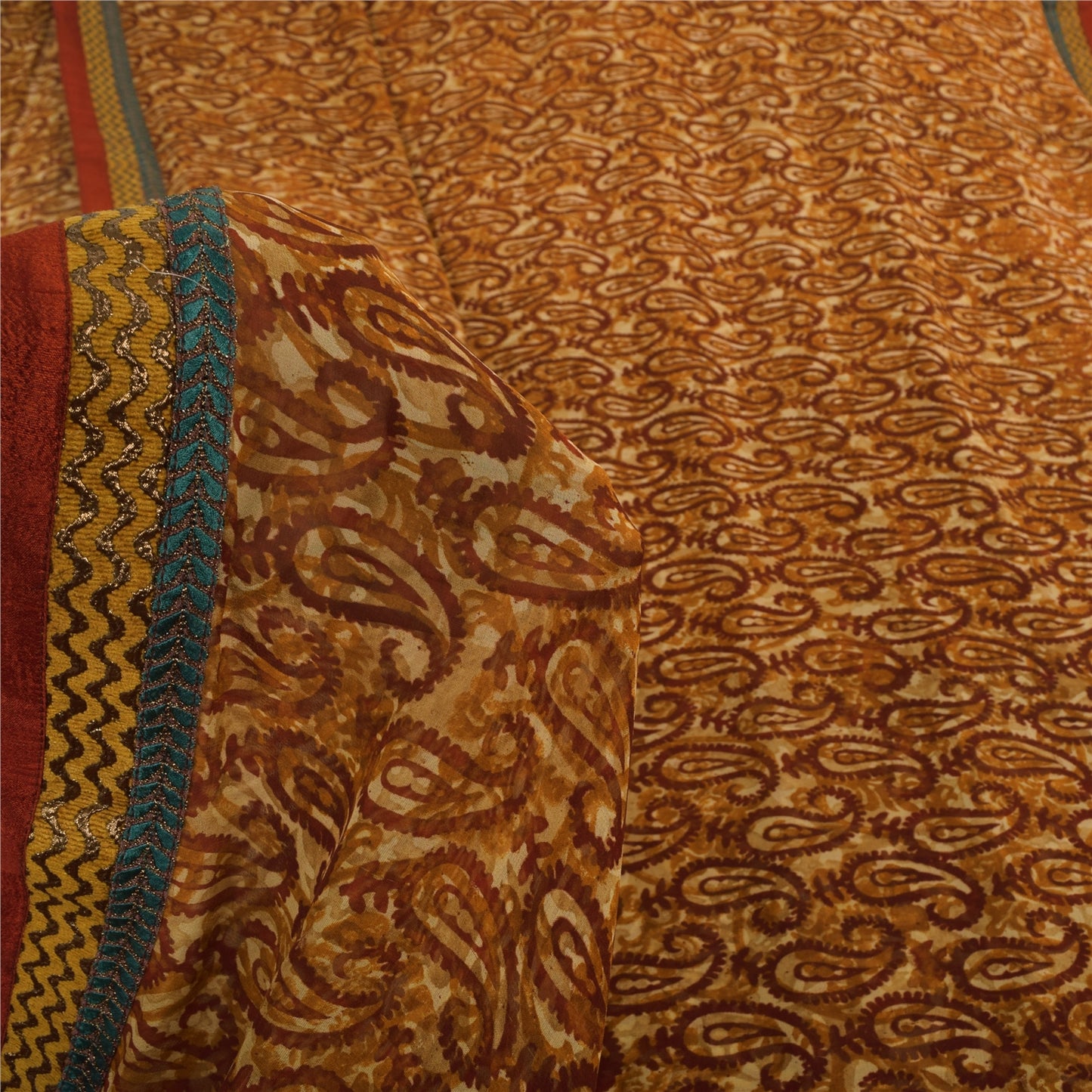 Sanskriti Vintage Sarees Brown Pure Georgette Silk Printed Sari 5yd Craft Sustainable Fabric