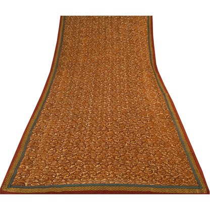 Sanskriti Vintage Sarees Brown Pure Georgette Silk Printed Sari 5yd Craft Sustainable Fabric