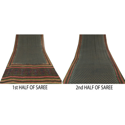 Sanskriti Vintage Sarees Dark Gray Pure Georgette Printed Sari 5yd Craft Sustainable Fabric