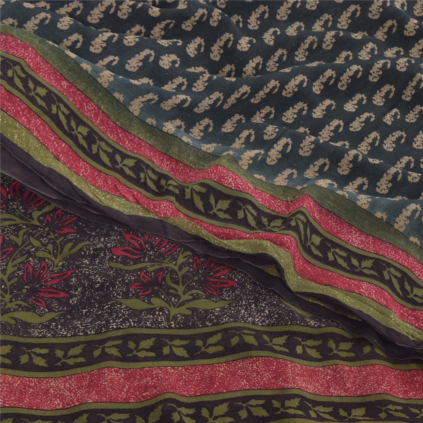 Sanskriti Vintage Sarees Dark Gray Pure Georgette Printed Sari 5yd Craft Sustainable Fabric