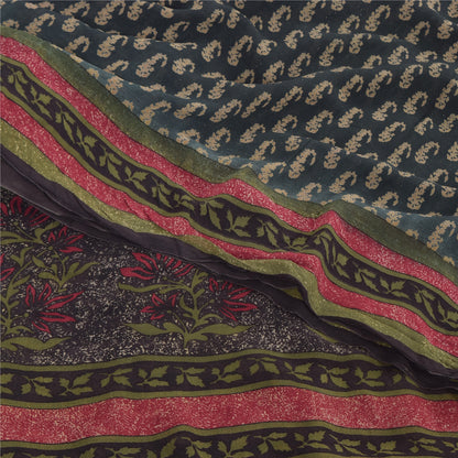Sanskriti Vintage Sarees Dark Gray Pure Georgette Printed Sari 5yd Craft Sustainable Fabric