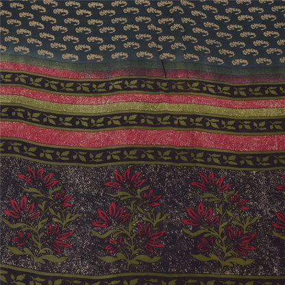 Sanskriti Vintage Sarees Dark Gray Pure Georgette Printed Sari 5yd Craft Sustainable Fabric