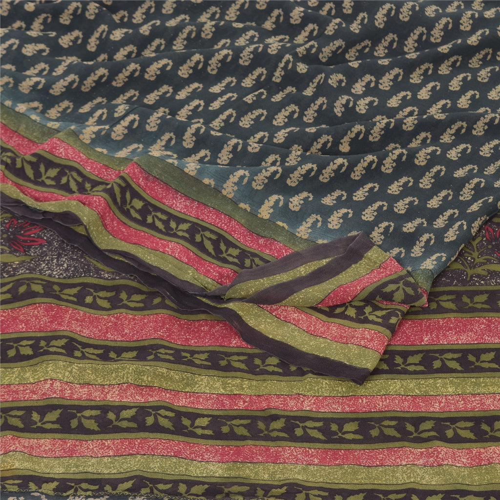 Sanskriti Vintage Sarees Dark Gray Pure Georgette Printed Sari 5yd Craft Sustainable Fabric