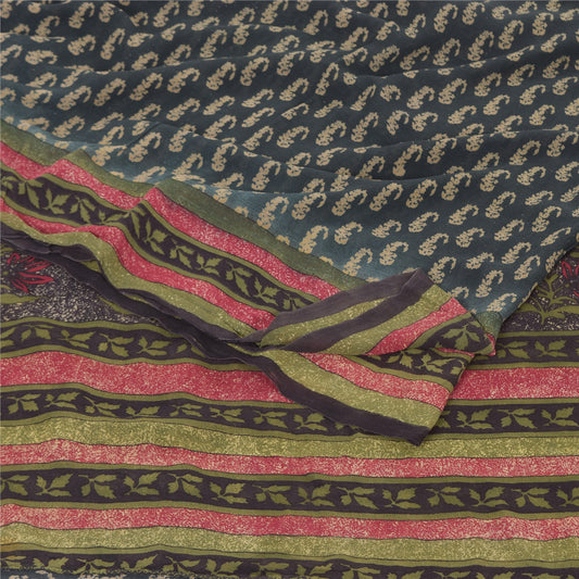 Sanskriti Vintage Sarees Dark Gray Pure Georgette Printed Sari 5yd Craft Sustainable Fabric