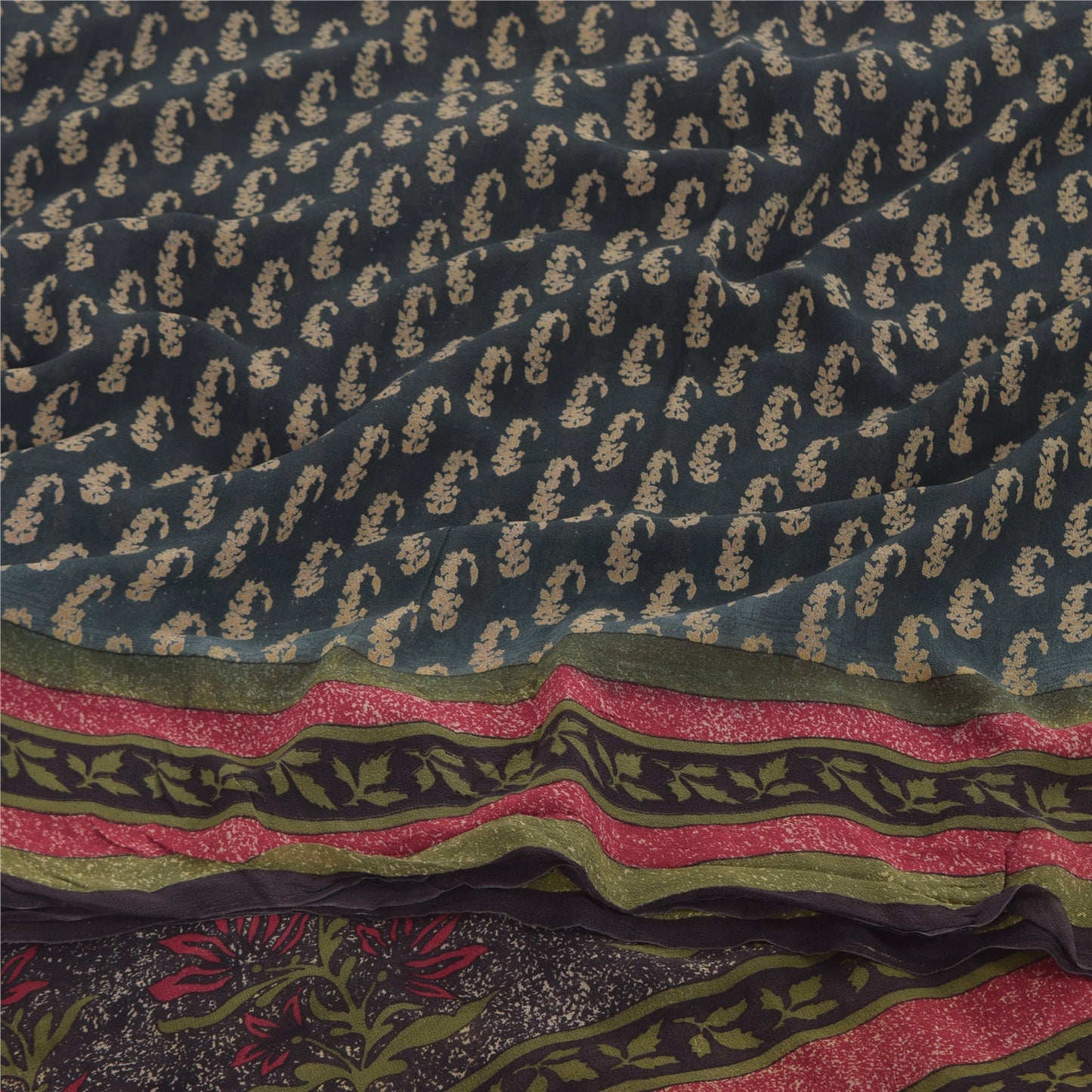 Sanskriti Vintage Sarees Dark Gray Pure Georgette Printed Sari 5yd Craft Sustainable Fabric