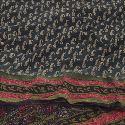 Sanskriti Vintage Sarees Dark Gray Pure Georgette Printed Sari 5yd Craft Sustainable Fabric