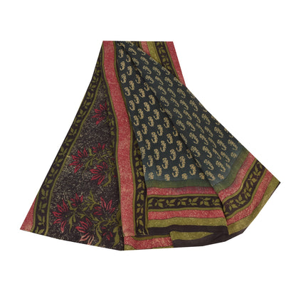 Sanskriti Vintage Sarees Dark Gray Pure Georgette Printed Sari 5yd Craft Sustainable Fabric