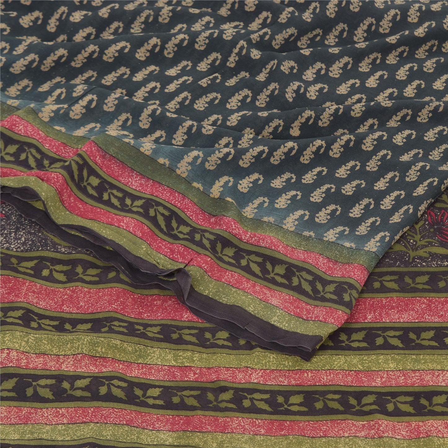 Sanskriti Vintage Sarees Dark Gray Pure Georgette Printed Sari 5yd Craft Sustainable Fabric