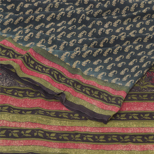 Sanskriti Vintage Sarees Dark Gray Pure Georgette Printed Sari 5yd Craft Sustainable Fabric