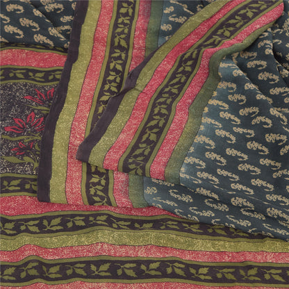 Sanskriti Vintage Sarees Dark Gray Pure Georgette Printed Sari 5yd Craft Sustainable Fabric