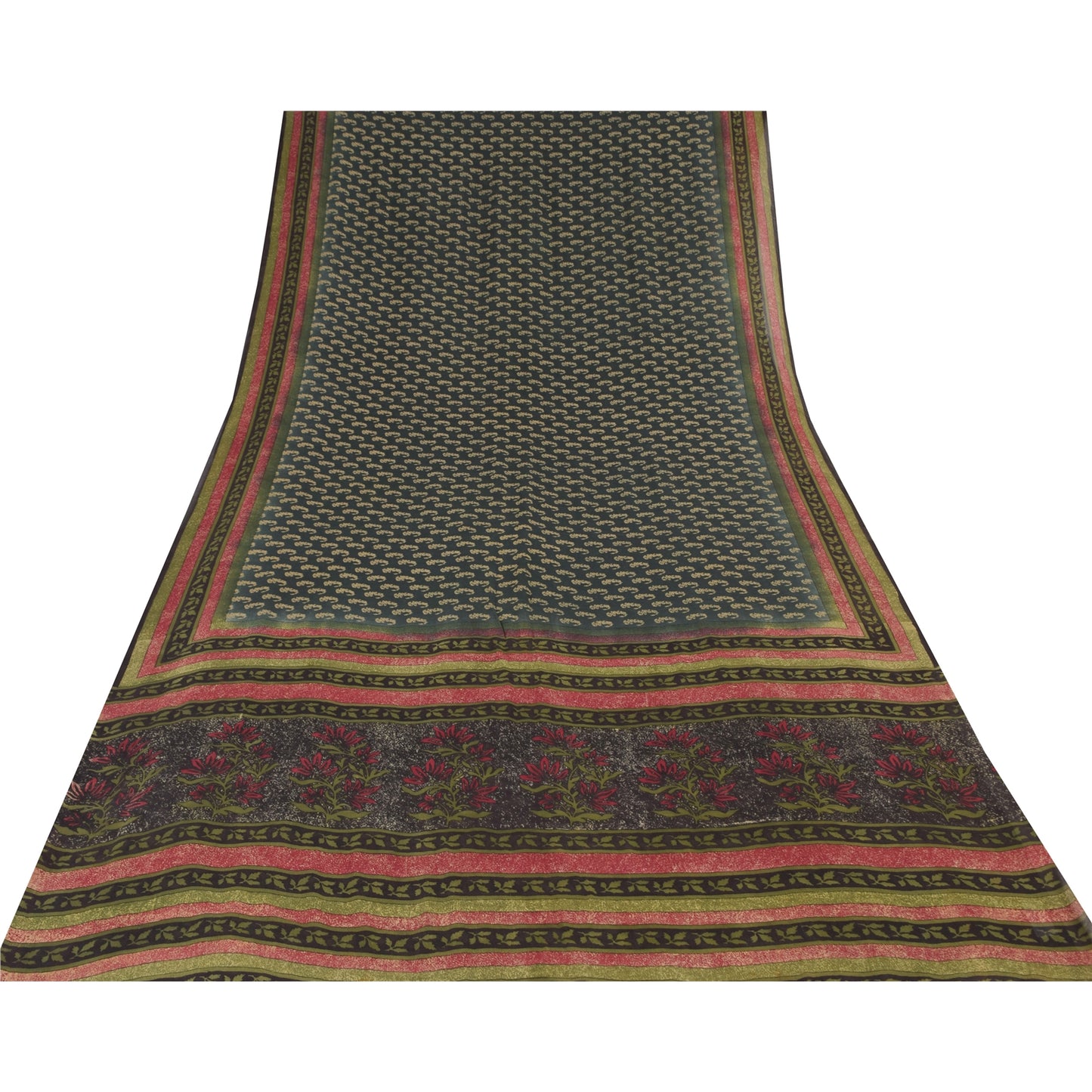 Sanskriti Vintage Sarees Dark Gray Pure Georgette Printed Sari 5yd Craft Sustainable Fabric