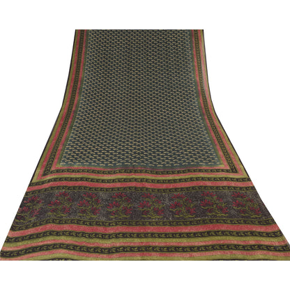 Sanskriti Vintage Sarees Dark Gray Pure Georgette Printed Sari 5yd Craft Sustainable Fabric