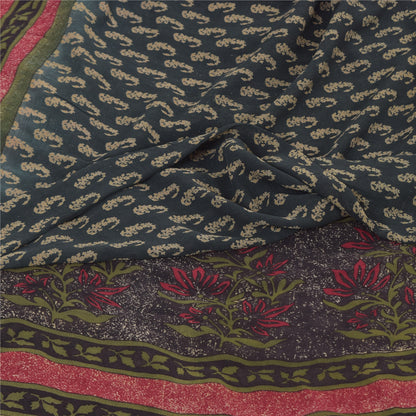 Sanskriti Vintage Sarees Dark Gray Pure Georgette Printed Sari 5yd Craft Sustainable Fabric