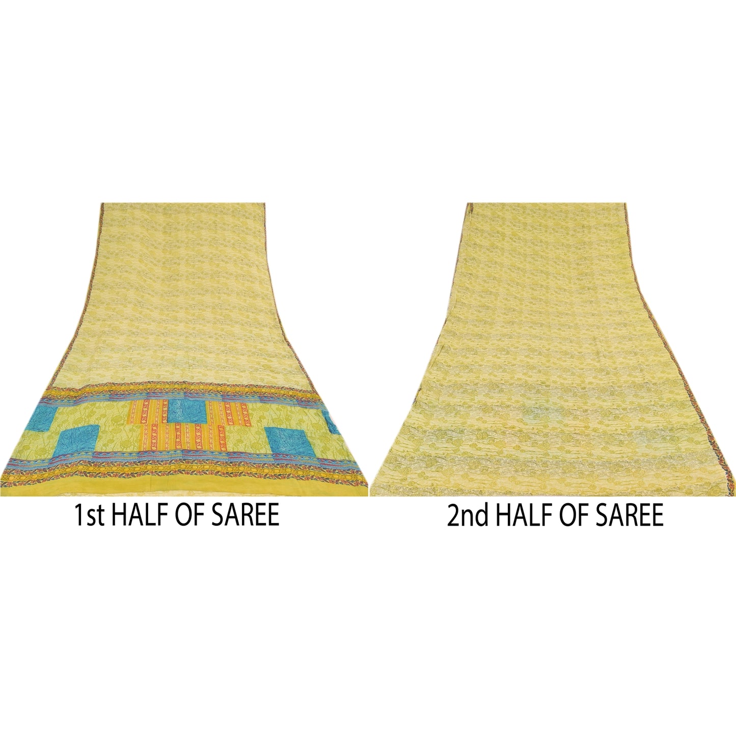 Sanskriti Vintage Sarees Lime Pure Georgette Silk Printed Sari 5yd Craft Sustainable Fabric