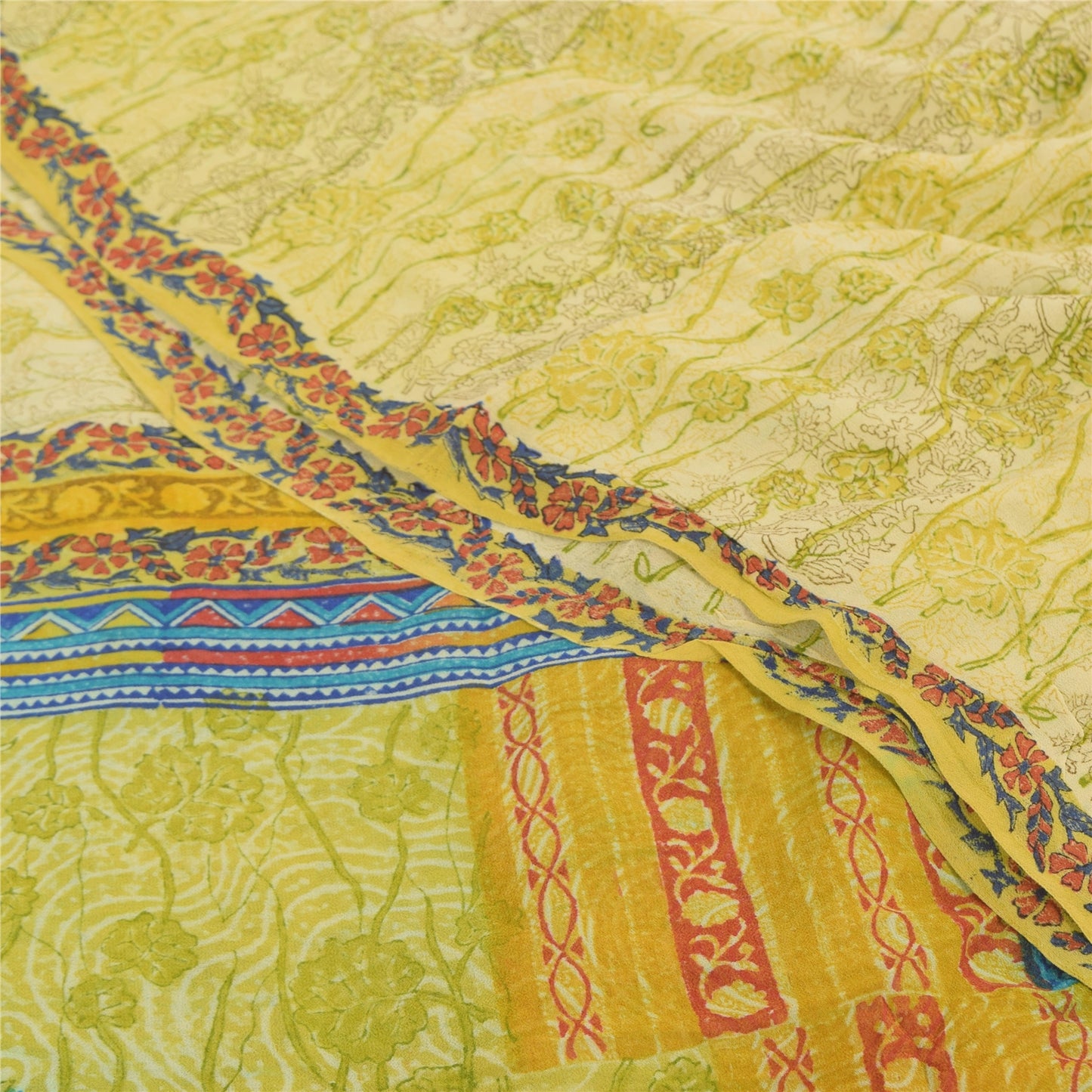 Sanskriti Vintage Sarees Lime Pure Georgette Silk Printed Sari 5yd Craft Sustainable Fabric