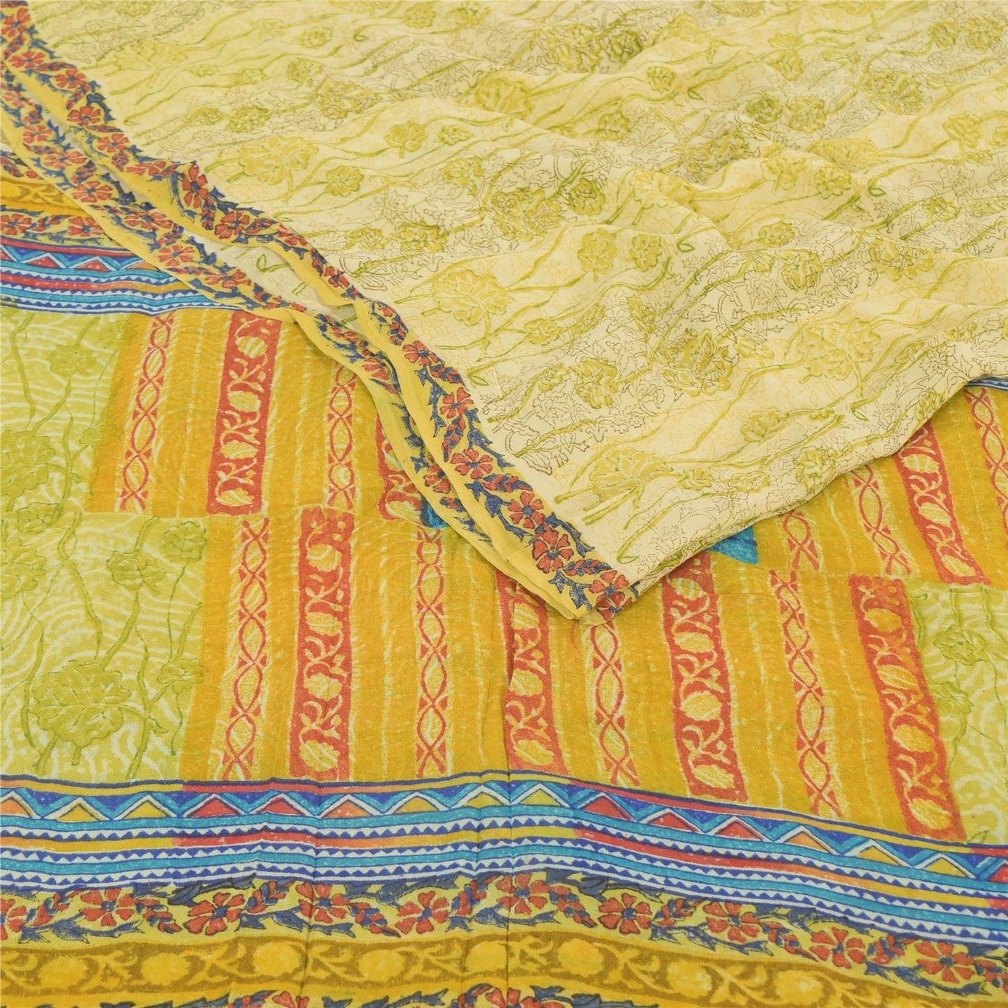 Sanskriti Vintage Sarees Lime Pure Georgette Silk Printed Sari 5yd Craft Sustainable Fabric