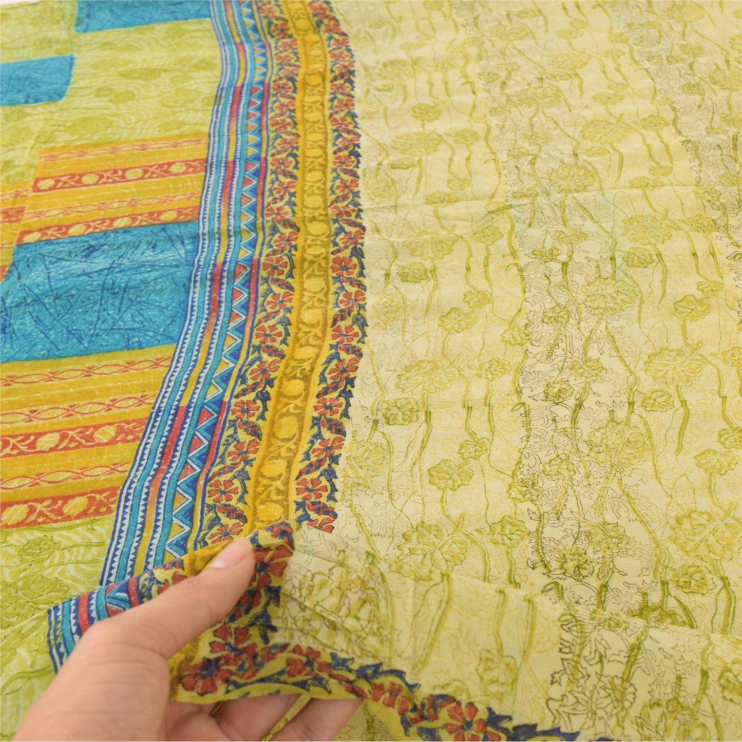 Sanskriti Vintage Sarees Lime Pure Georgette Silk Printed Sari 5yd Craft Sustainable Fabric