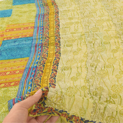 Sanskriti Vintage Sarees Lime Pure Georgette Silk Printed Sari 5yd Craft Sustainable Fabric