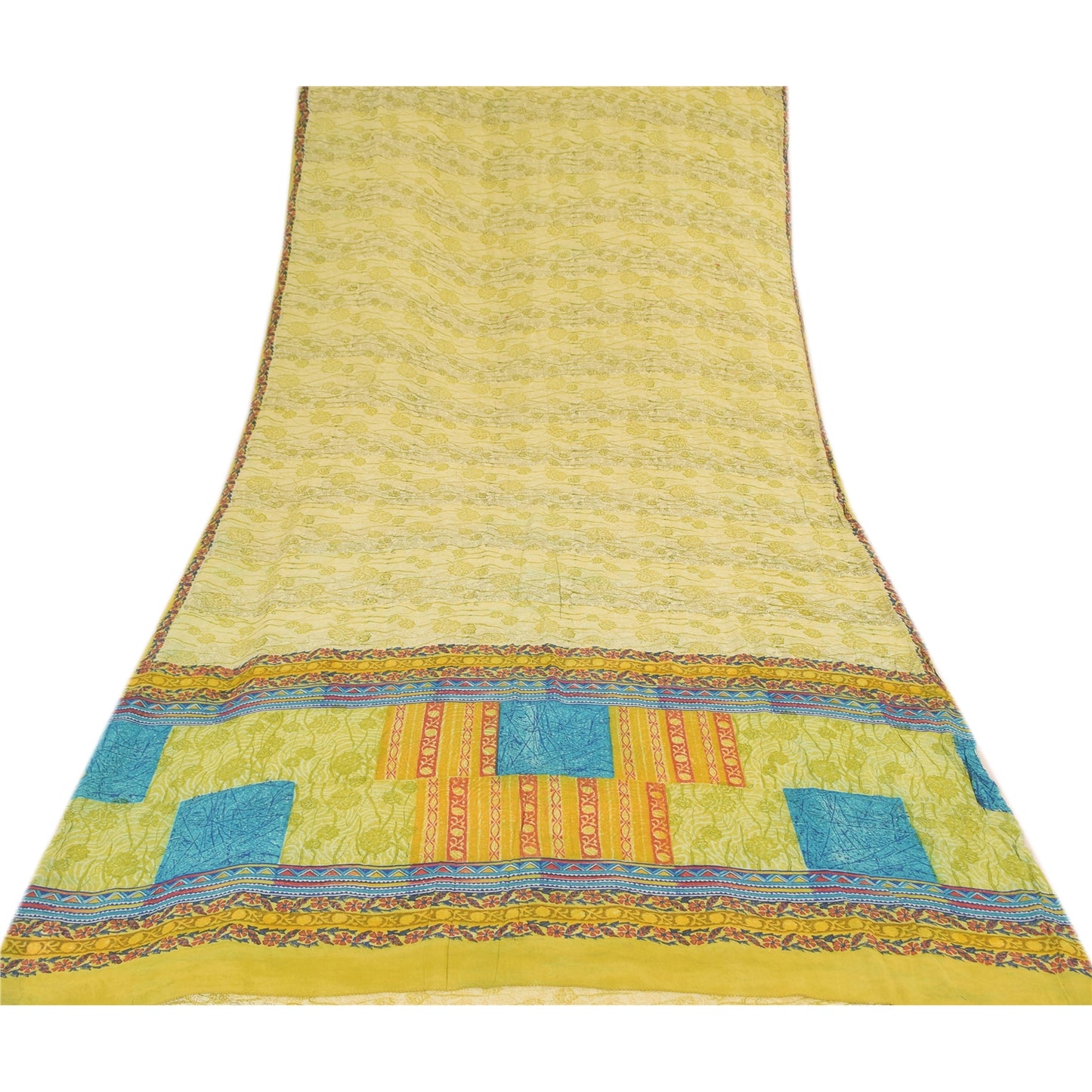 Sanskriti Vintage Sarees Lime Pure Georgette Silk Printed Sari 5yd Craft Sustainable Fabric
