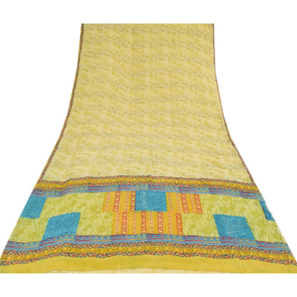 Sanskriti Vintage Sarees Lime Pure Georgette Silk Printed Sari 5yd Craft Sustainable Fabric