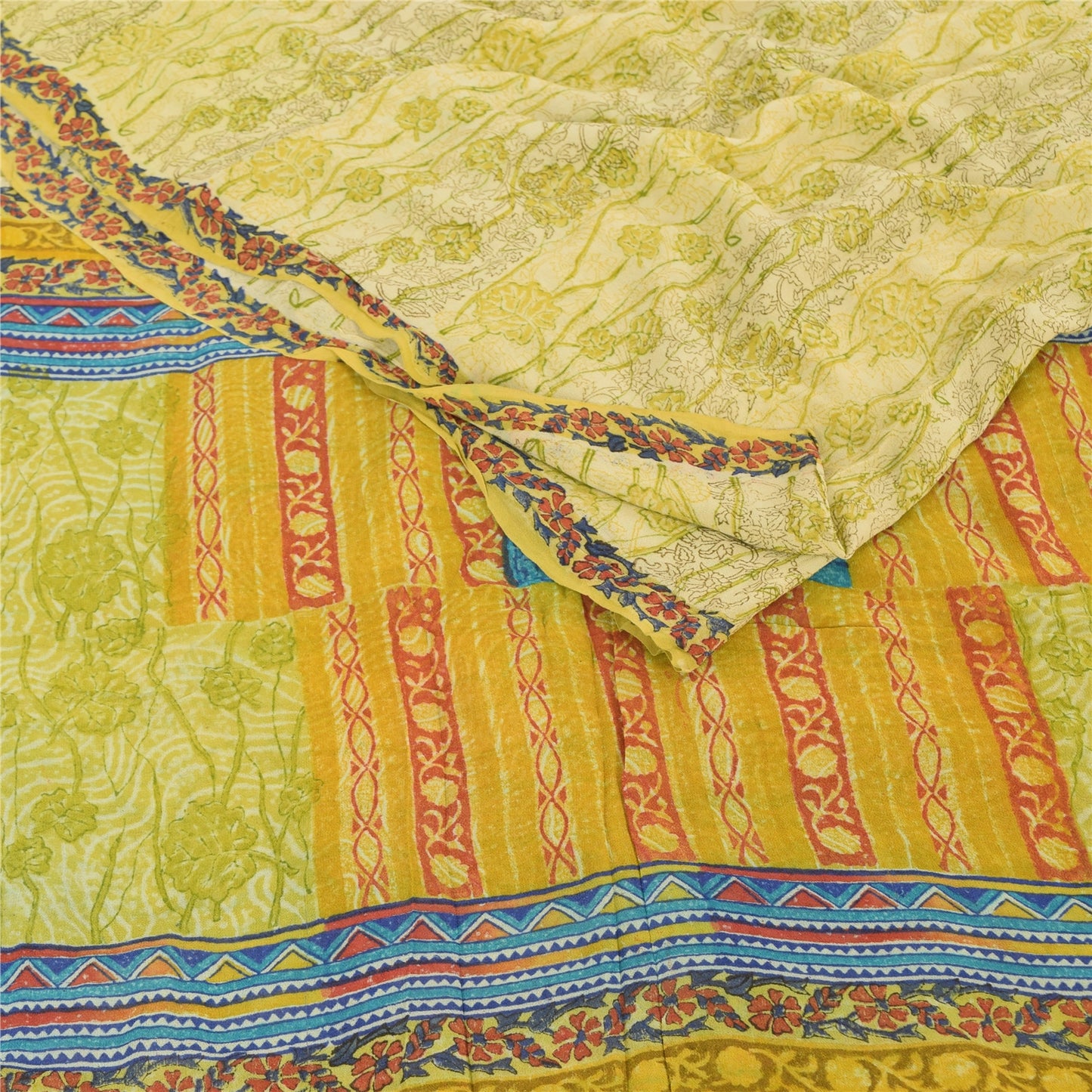 Sanskriti Vintage Sarees Lime Pure Georgette Silk Printed Sari 5yd Craft Sustainable Fabric