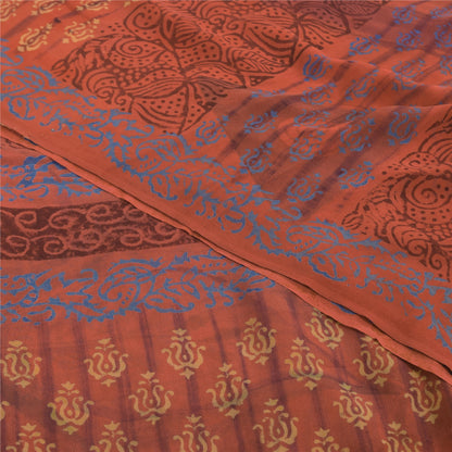 Sanskriti Vintage Sari 100% Pure Georgette Silk Sarees Orange Printed 5yd Craft Fabric Recycled For Quilting Felting, Home Decor