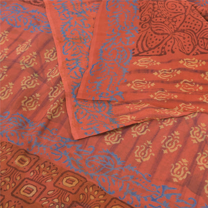 Sanskriti Vintage Sari 100% Pure Georgette Silk Sarees Orange Printed 5yd Craft Fabric Recycled For Quilting Felting, Home Decor