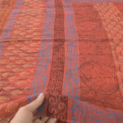 Sanskriti Vintage Sari 100% Pure Georgette Silk Sarees Orange Printed 5yd Craft Fabric Recycled For Quilting Felting, Home Decor