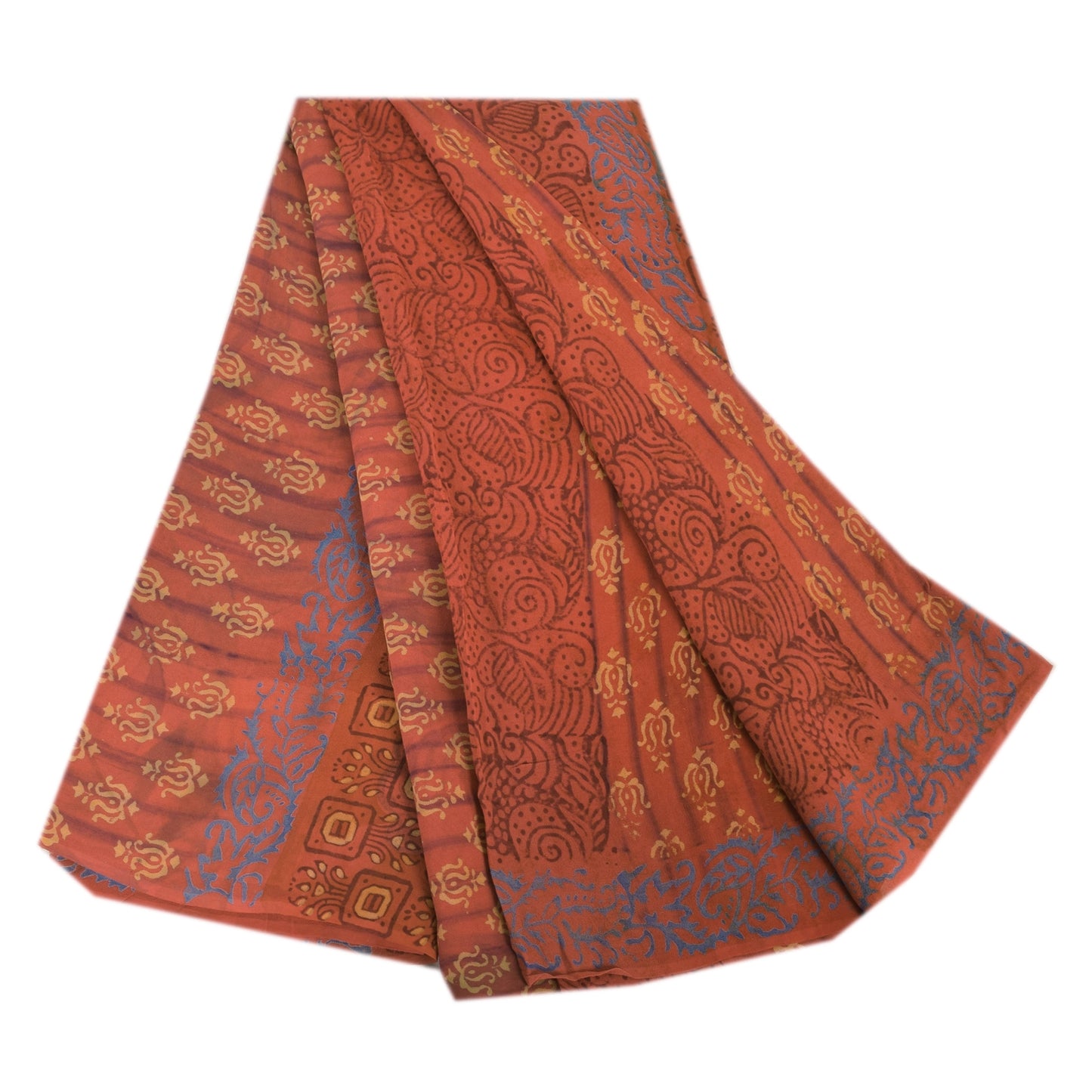 Sanskriti Vintage Sari 100% Pure Georgette Silk Sarees Orange Printed 5yd Craft Fabric Recycled For Quilting Felting, Home Decor