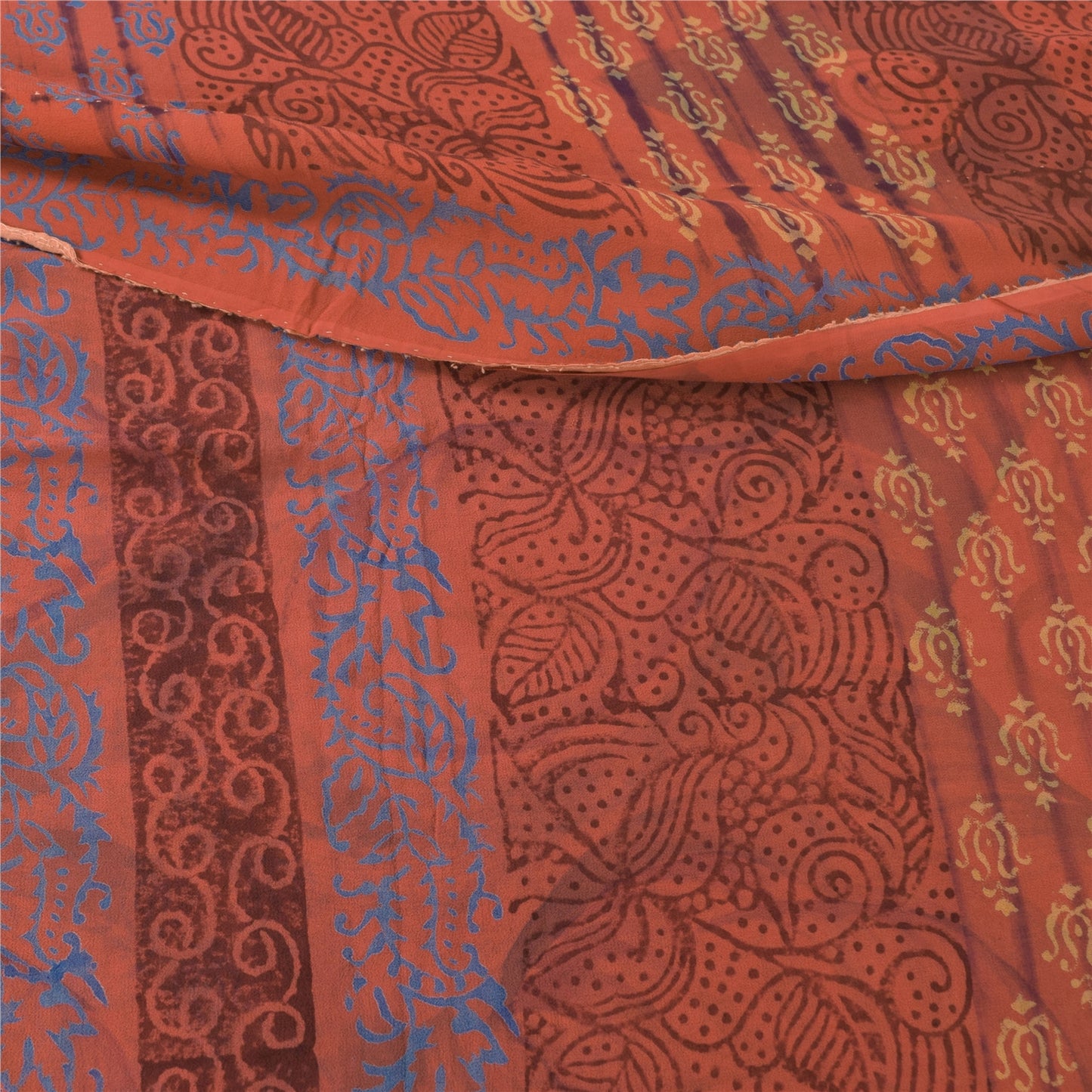 Sanskriti Vintage Sari 100% Pure Georgette Silk Sarees Orange Printed 5yd Craft Fabric Recycled For Quilting Felting, Home Decor