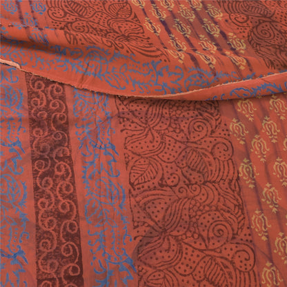 Sanskriti Vintage Sari 100% Pure Georgette Silk Sarees Orange Printed 5yd Craft Fabric Recycled For Quilting Felting, Home Decor