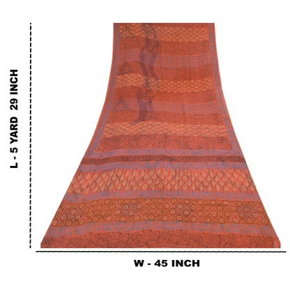 Sanskriti Vintage Sari 100% Pure Georgette Silk Sarees Orange Printed 5yd Craft Fabric Recycled For Quilting Felting, Home Decor
