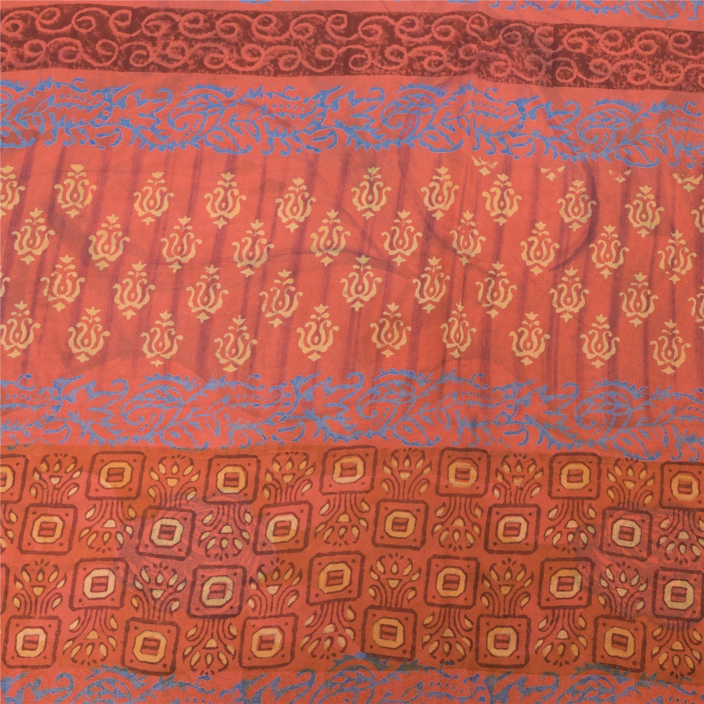 Sanskriti Vintage Sari 100% Pure Georgette Silk Sarees Orange Printed 5yd Craft Fabric Recycled For Quilting Felting, Home Decor
