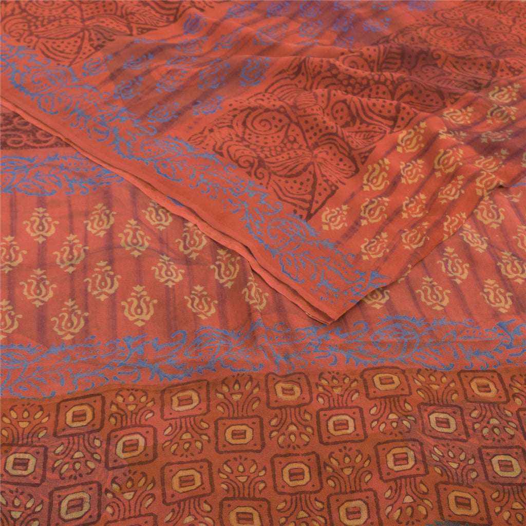 Sanskriti Vintage Sari 100% Pure Georgette Silk Sarees Orange Printed 5yd Craft Fabric Recycled For Quilting Felting, Home Decor