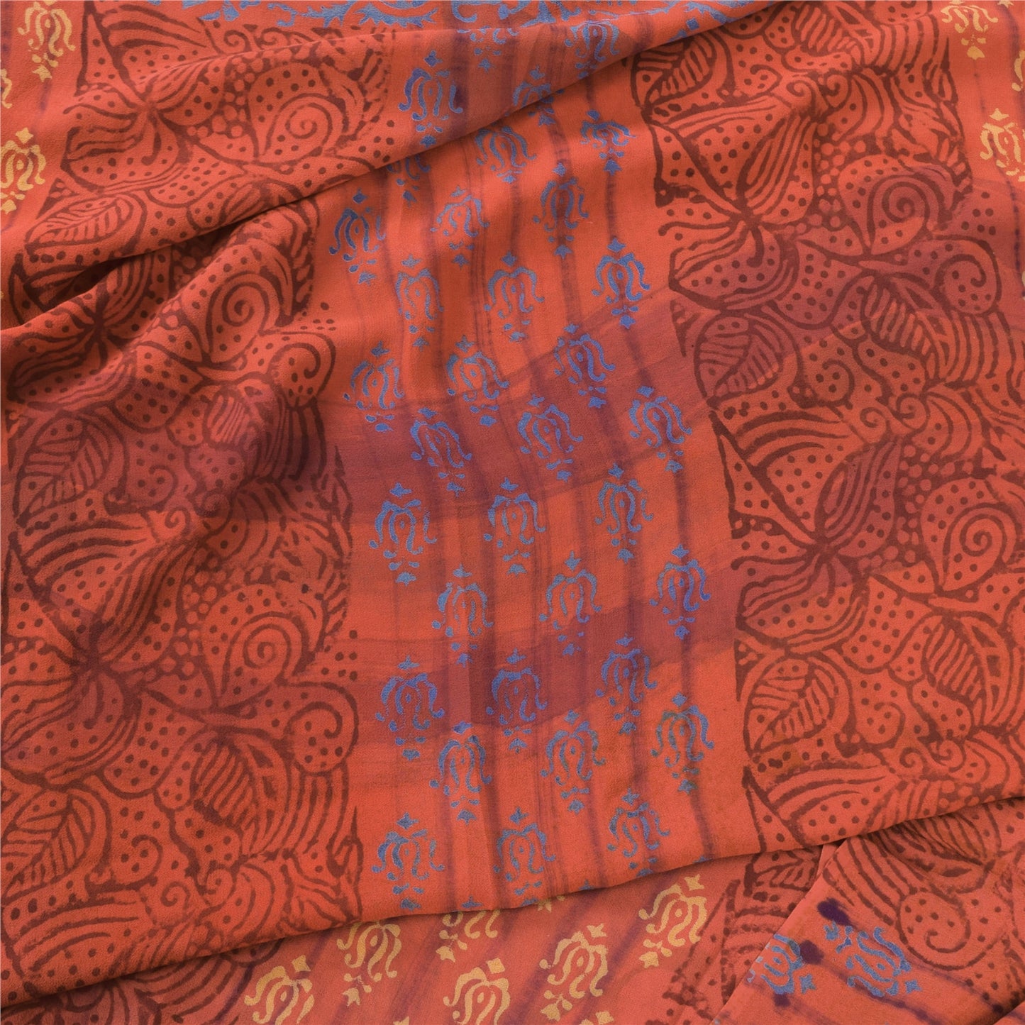 Sanskriti Vintage Sari 100% Pure Georgette Silk Sarees Orange Printed 5yd Craft Fabric Recycled For Quilting Felting, Home Decor