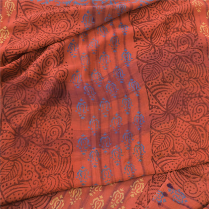 Sanskriti Vintage Sari 100% Pure Georgette Silk Sarees Orange Printed 5yd Craft Fabric Recycled For Quilting Felting, Home Decor