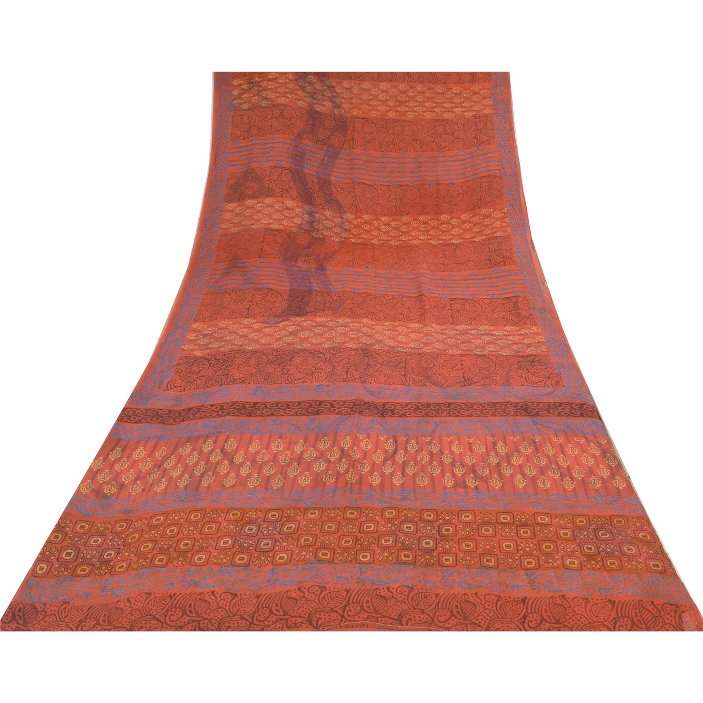 Sanskriti Vintage Sari 100% Pure Georgette Silk Sarees Orange Printed 5yd Craft Fabric Recycled For Quilting Felting, Home Decor