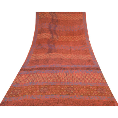 Sanskriti Vintage Sari 100% Pure Georgette Silk Sarees Orange Printed 5yd Craft Fabric Recycled For Quilting Felting, Home Decor