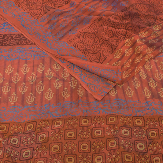Sanskriti Vintage Sarees Orange Pure Georgette Silk Printed Sari Craft Sustainable Fabric