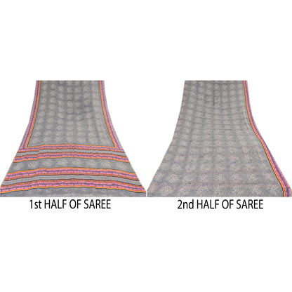 Sanskriti Vintage Sarees Gray Pure Georgette Silk Printed Sari 5yd Craft Sustainable Fabric