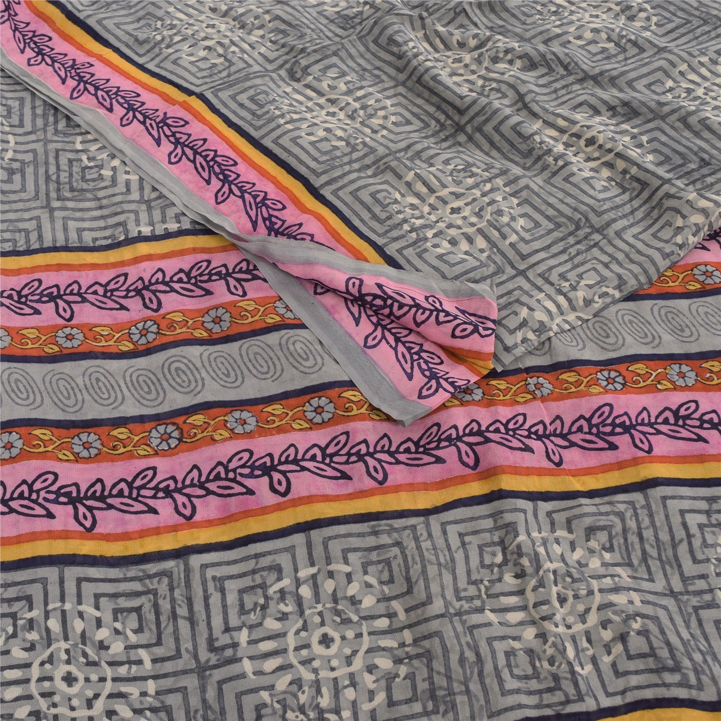 Sanskriti Vintage Sarees Gray Pure Georgette Silk Printed Sari 5yd Craft Sustainable Fabric